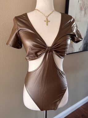 TIMING Faux Leather Cutout Bodysuit in Brown
